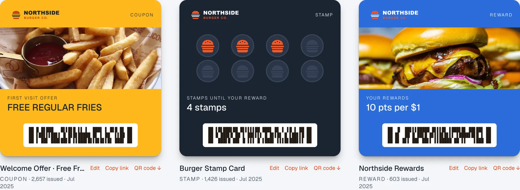 Three wallet cards: a first-visit coupon for free fries, a burger stamp card and a points card.