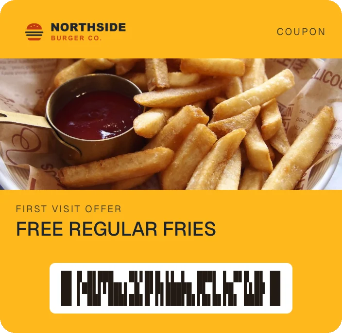 A first-visit coupon for free fries, as a wallet card.