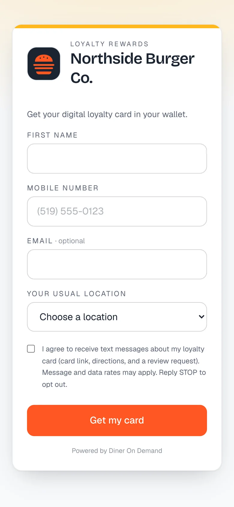 The hosted signup page on a phone: first name, mobile number and a Get my card button.
