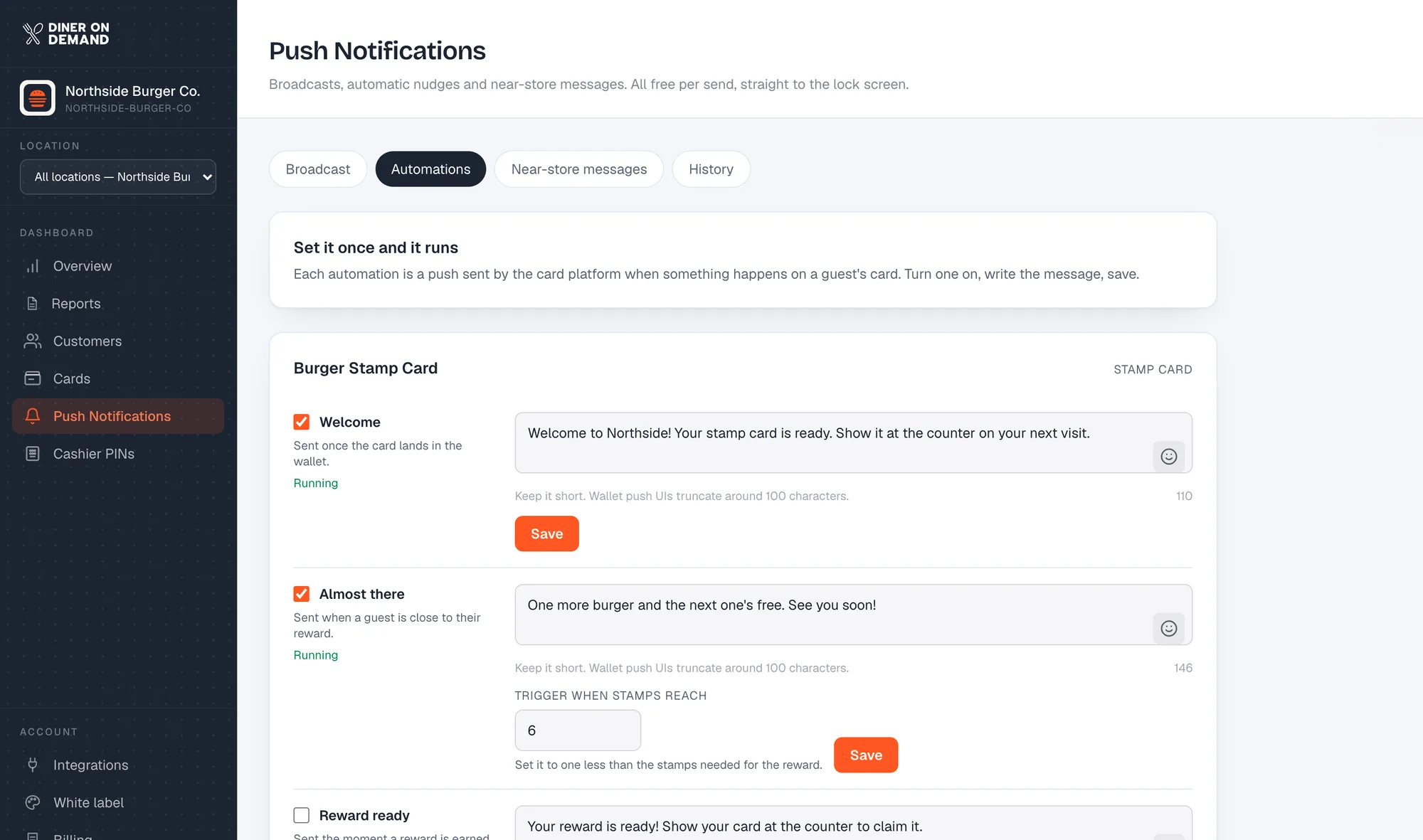 Push notification automations: welcome, almost there and reward ready, each with its own message.